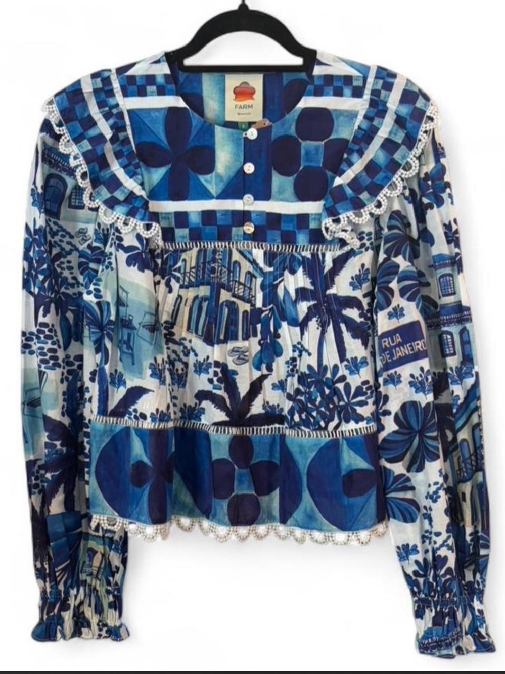 FARM Rio Sweet Rio Blue Scenic Printed Lace-Trim Peasant Blouse